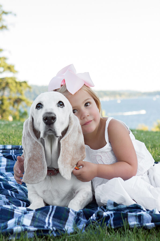 A toddler girl is sitting on a blanket with her basset hound in a grassy field overlooking Lake Washington at Heritage Park in Kirkland, Washington. She is wearing a long, white lace dress with bare feet and a big pink bow in her blonde hair.